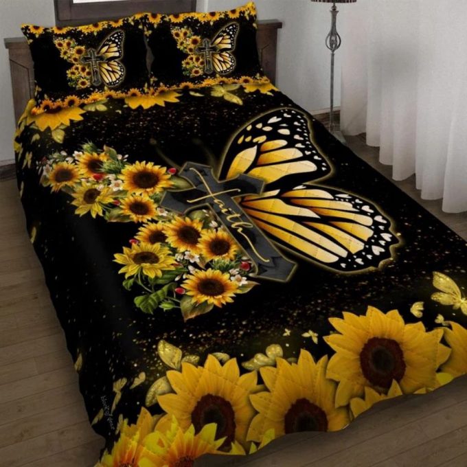Faith Jesus Christ Butterfly Sunflower Quilt Bedding Set Gift 1