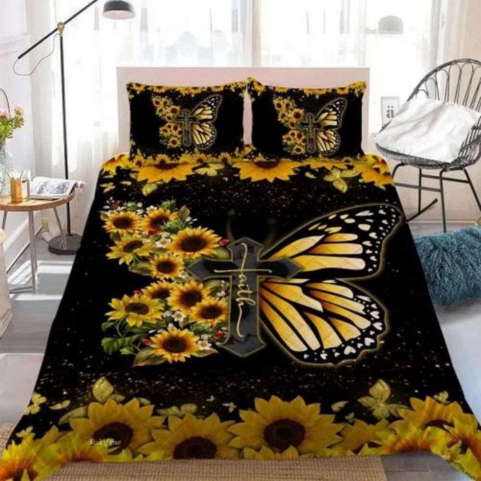 Faith Jesus Christ Butterfly Sunflower Quilt Bedding Set Gift 3