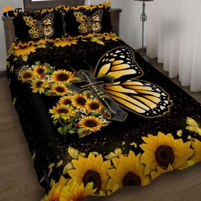 Faith Jesus Christ Butterfly Sunflower Quilt Bedding Set Gift 1