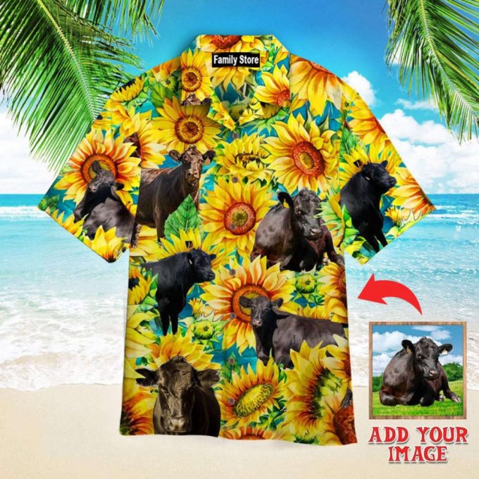 Black Angus Cattle Lovers Sunflower Watercolor Hawaiian Shirt 2