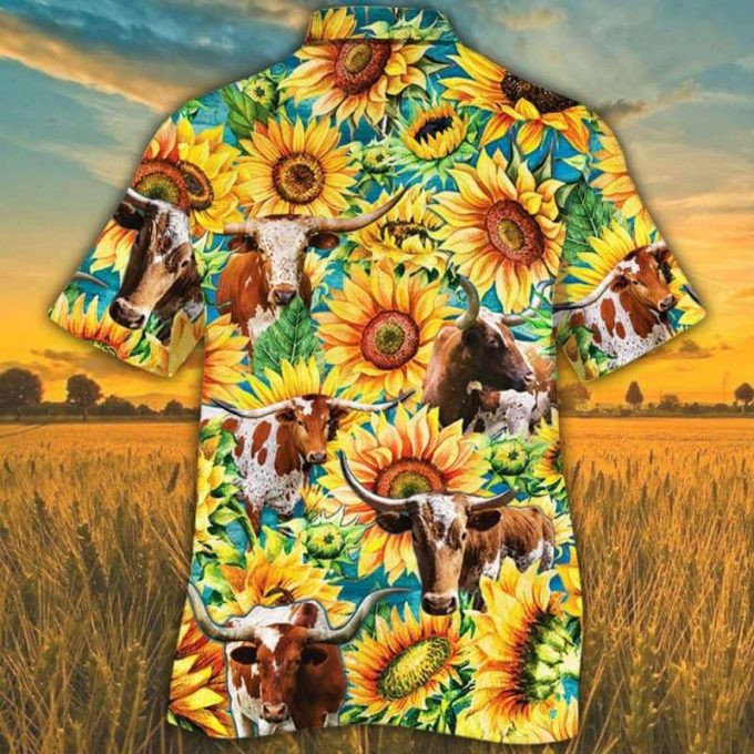 Bobsgardens Sunflower Tx Longhorn Cattle All Printed 3D Hawaiian Shirt 2