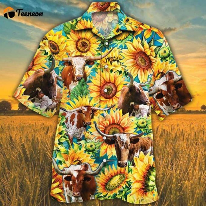 Bobsgardens Sunflower Tx Longhorn Cattle All Printed 3D Hawaiian Shirt 1