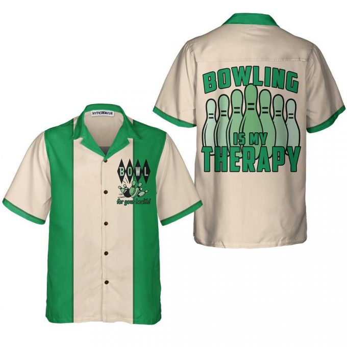 Bowling Is My Therapy Hawaiian Shirt, Green And White Bowling Shirt, Best Gift For Bowling Players, Friend, Family 3