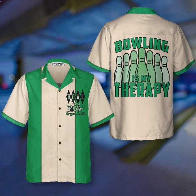 Bowling Is My Therapy Hawaiian Shirt, Green And White Bowling Shirt, Best Gift For Bowling Players, Friend, Family 4