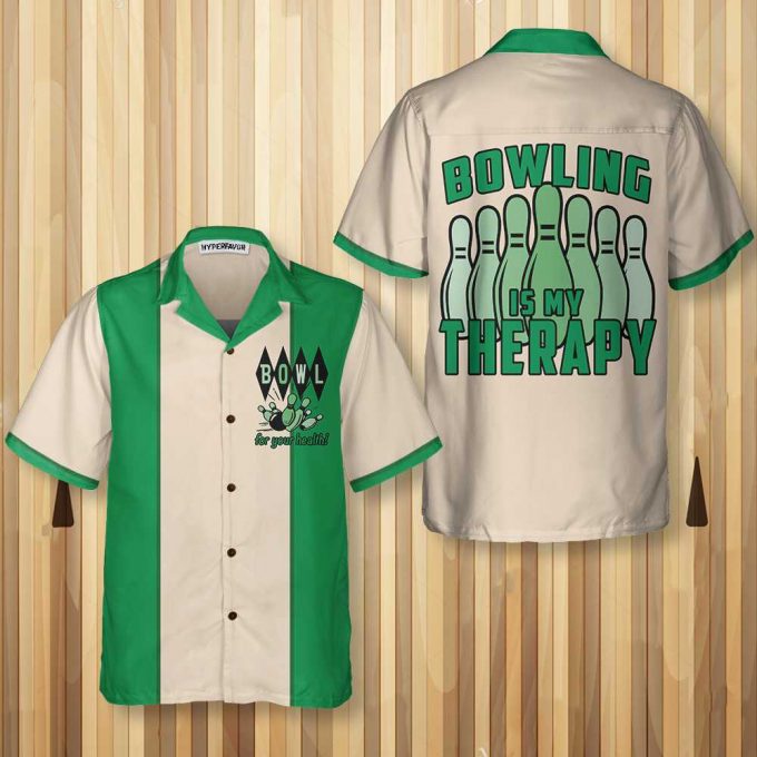 Bowling Is My Therapy Hawaiian Shirt, Green And White Bowling Shirt, Best Gift For Bowling Players, Friend, Family 5