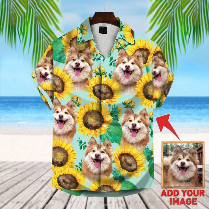 Custom Photo Dog Sunflower &Amp; Leaves Pattern Hawaiian Shirt 2