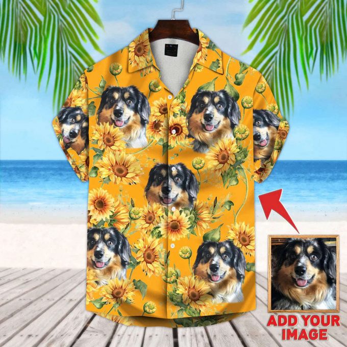 Custom Photo Dog Sunflower &Amp; Leaves Pattern Hawaiian Shirt 3
