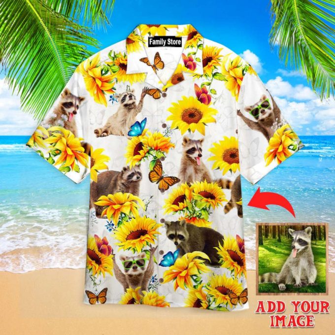 Custom Photo Raccoon Lovers Sunflower Custom Hawaiian Shirt 2