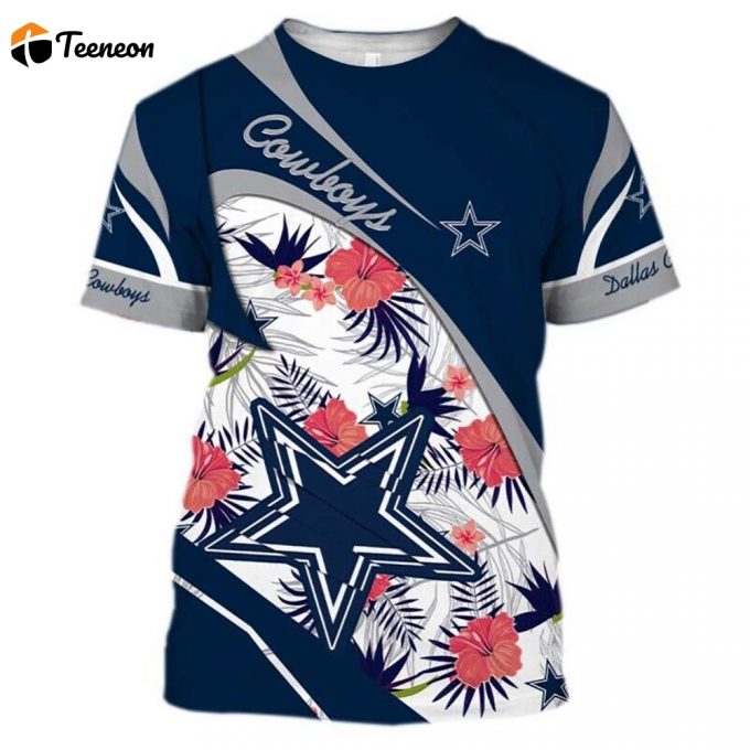 Dallas Cowboys Hibiscus Flower Pattern 3D T-Shirt, Gift For Fan 1