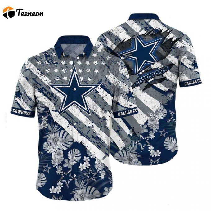Dallas Cowboys Vtg American Flag Graphic And Floral Pattern Hawaiian Shirt, Limited Style Summer 1