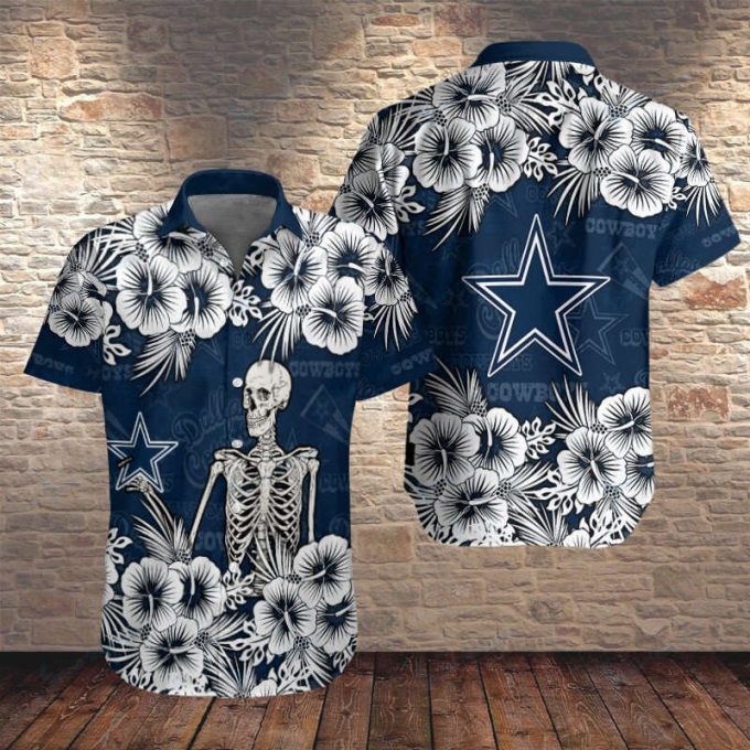 Gift For Fans, Dallas Cowboys Skeleton And Flower 3D Hawaiian Shirt 2