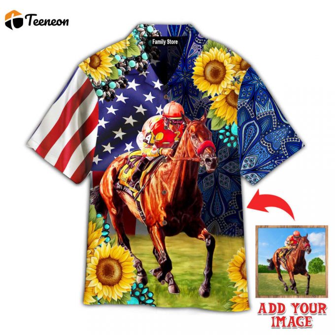 Horse Racing Sunflower Custom Photo Hawaiian Shirt 1