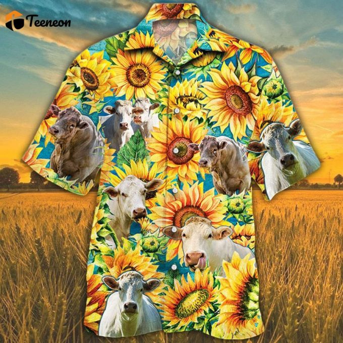 Men Charolais Cattle Hawaii Shirt Yellow, Charolais Cattle Lovers Sunflower Watercolor Hawaiian Shirt, Charolais Cattle Lovers Hawaiian Shirt 1