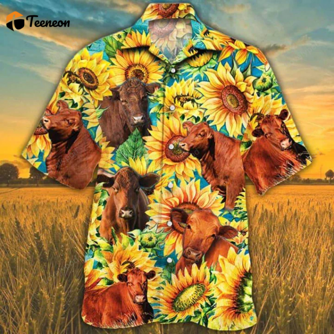 Red Angus Cattle Lovers Sunflower Watercolor Hawaiian Shirt, Cow Hawaiian Shirts For Men, Women 1