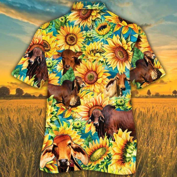Red Brahman Hawaiian Shirt For Men, Women, Cow Cattle Lovers Sunflower Watercolor Hawaiian Shirt 2