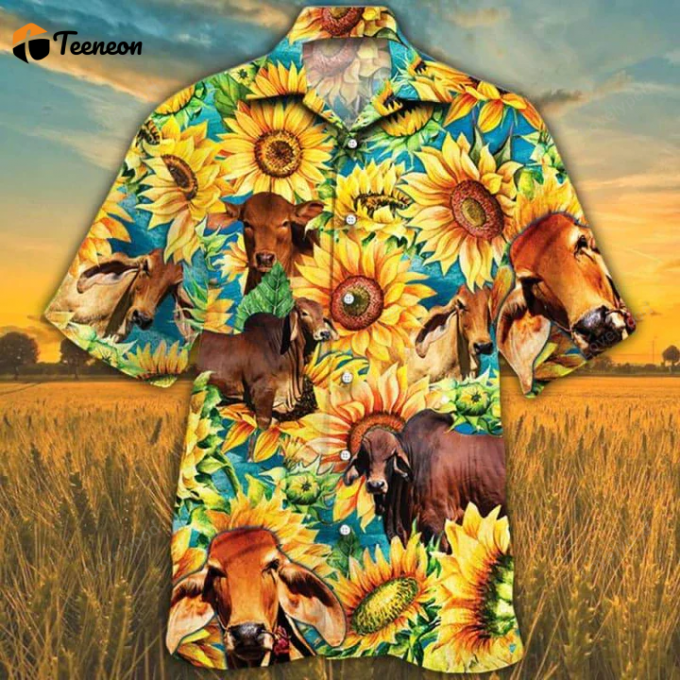Red Brahman Hawaiian Shirt For Men, Women, Cow Cattle Lovers Sunflower Watercolor Hawaiian Shirt 1