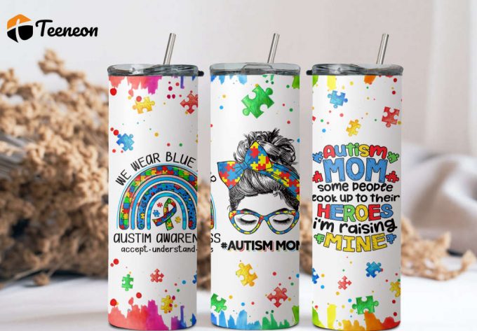 Autism Mom Tumbler, Autism Mom Gifts For Women, Messy Bun Puzzle Tumbler 1