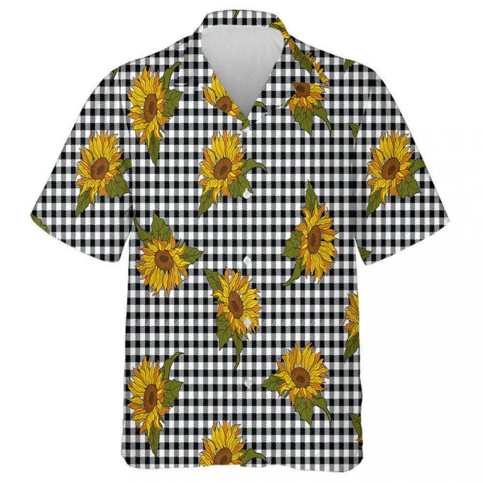 Bright Sunflowers On Black White Buffalo Plaid Background Hawaiian Shirt, Hawaiian Shirt Gift, Christmas Gift 1