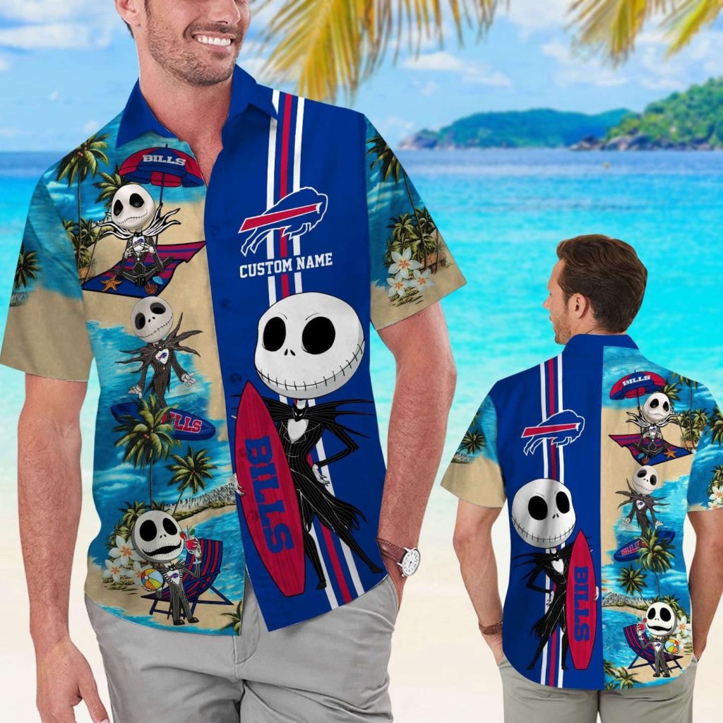 Buffalo Bills Jack Skellington Name Personalized Short Sleeve Button Up Tropical Aloha Hawaiian Shirt Set For Men Women Kids 5