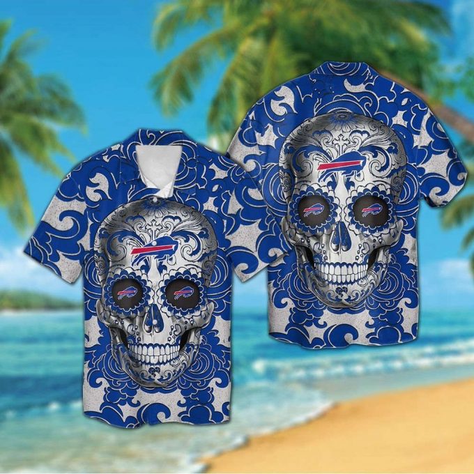 Buffalo Bills Sugarskull Short Sleeve Button Up Tropical Aloha Hawaiian Shirt Set For Men Women Kids 2