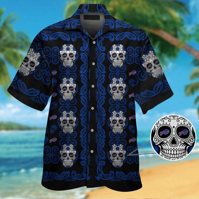 Buffalo Billsskull Short Sleeve Button Up Tropical Aloha Hawaiian Shirt Set For Men Women Gift For Fans