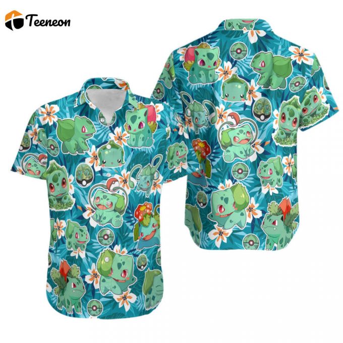 Bulbasaur Hawaiian Pattern Hawaii Shirt, Bulbasaur Tropical Birthday Summer Shirt, Pokemon Summer Shirt, Pokemon Fan Gifts 1