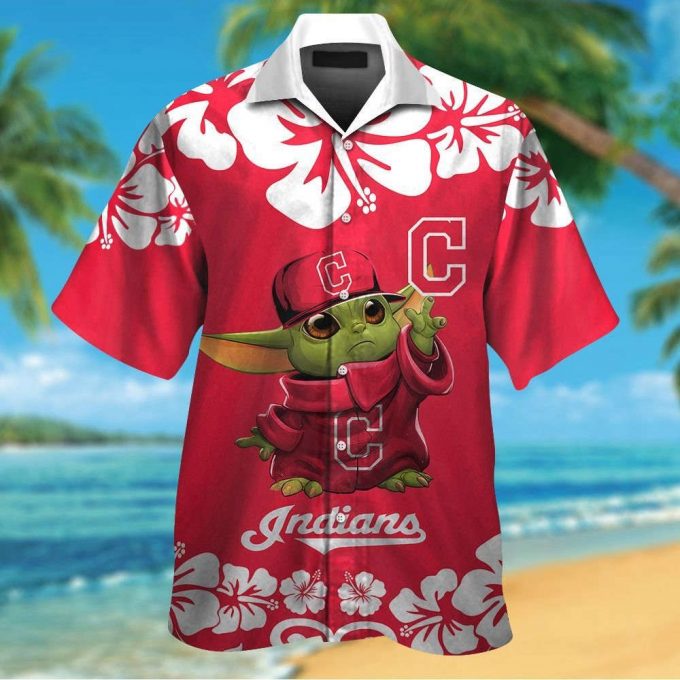 Cleveland Indians Baby Yoda Short Sleeve Button Up Tropical Aloha Hawaiian Shirt Set For Men Women Kids 2