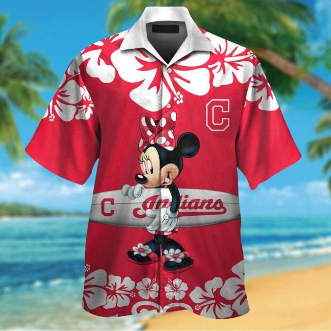 Cleveland Indians Minnie Mouse Short Sleeve Button Up Tropical Aloha Hawaiian Shirt Set For Men Women Kids 2