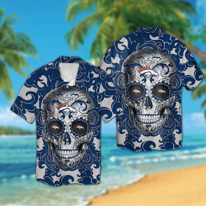 Denver Broncos Sugarskull Short Sleeve Button Up Tropical Aloha Hawaiian Shirt Set For Men Women Kids 2