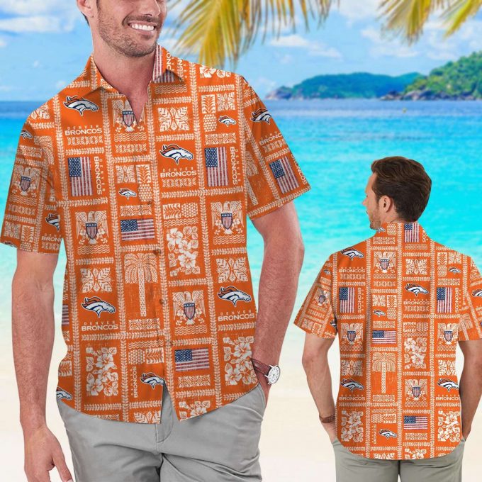 Denver Broncos Summer Commemorative Short Sleeve Button Up Tropical Aloha Hawaiian Shirt Set For Men Women Kids 2