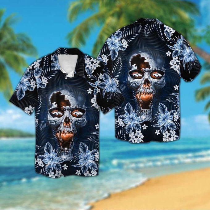 Denver Broncosskull Short Sleeve Button Up Tropical Aloha Hawaiian Shirt Set For Men Women Gift For Fans 2