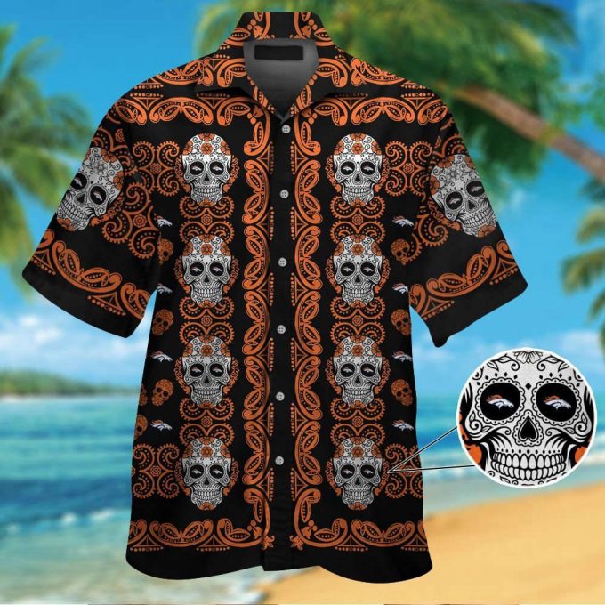 Denver Broncosskull Short Sleeve Button Up Tropical Aloha Hawaiian Shirt Set For Men Women Gift For Fans 2