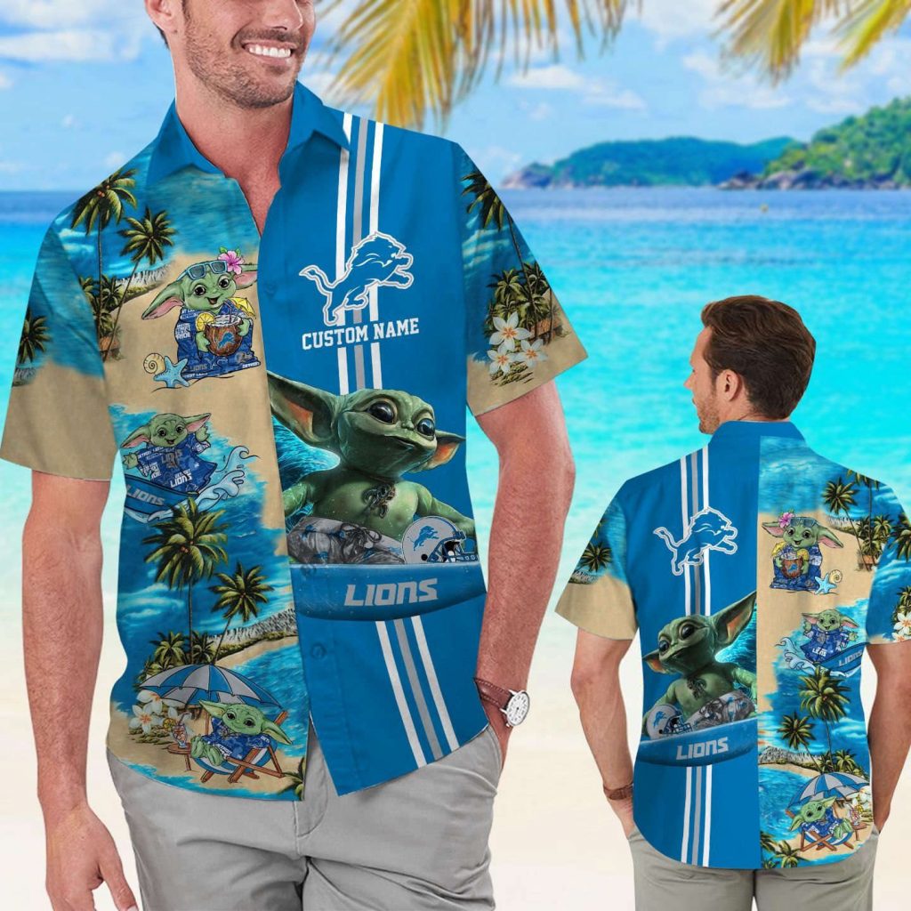 Detroit Lions Baby Yoda Name Personalized Short Sleeve Button Up Tropical Aloha Hawaiian Shirt Set For Men Women Kids 5