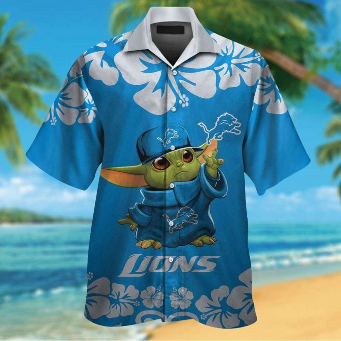 Detroit Lions Baby Yoda Short Sleeve Button Up Tropical Aloha Hawaiian Shirt Set For Men Women Kids 2