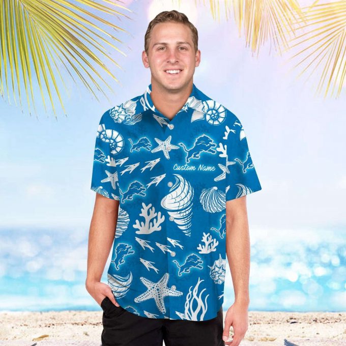 Detroit Lions Name Personalized Short Sleeve Button Up Tropical Aloha Hawaiian Shirt Set For Men Women Kids 2