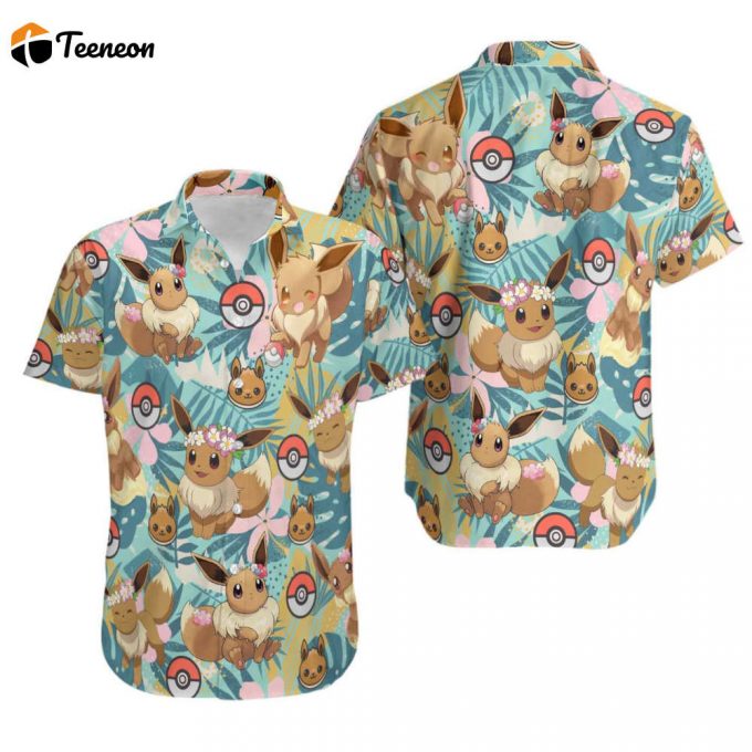 Eevee Hawaiian Shirt, Pokemon Button Up Shirt, Eevee Holiday Shirt, Aloha Anime Vaporeon Button Up Shirt, Pokemon Ball Fans Gifts 1