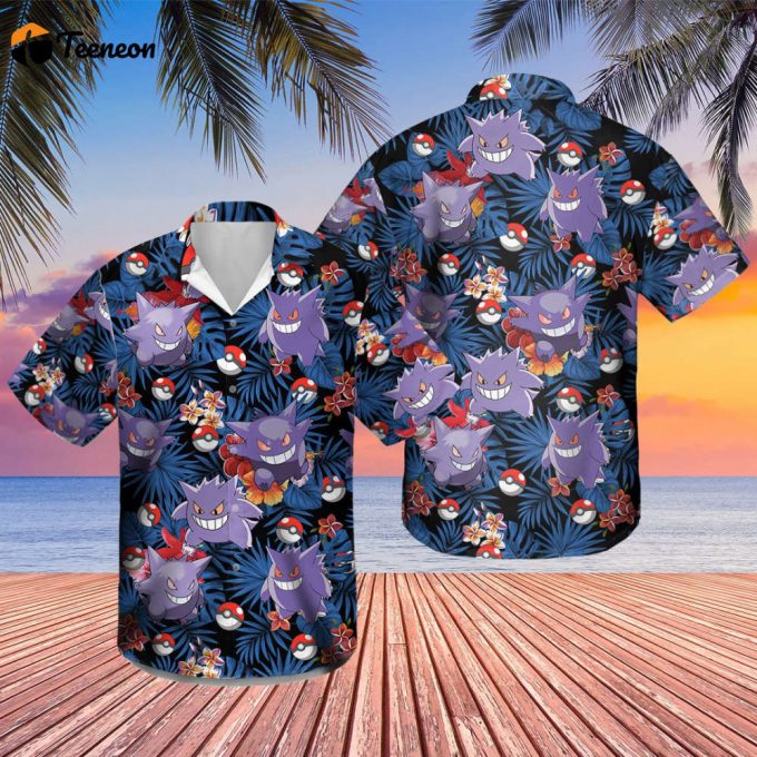 Gengar Ghost Hawaiian Shirt, Button Up Shirt, Gengar Ghost Birthday Shirt, Gengar Aloha Shirt Japanese Gengar Hawaiian Gift 1