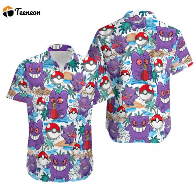 Gengar Pokemon Hawaiian Shirt, Pokemon Hawaiian Shirt, Gengar Button Up Shirt, Japanese Anime Hawaiian Shirt, Gengar Ghost Shirt Gift 1