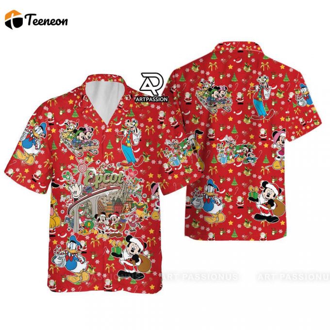 Mickey And Friends Hawaiian Christmas Shirt, Disney Epcot Button Up 1