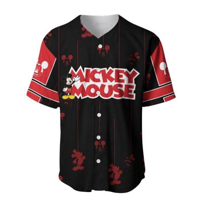 Mickey Mouse Black Red Stripes Patterns Walt Disney Unisex Cartoon Casual Outfits Custom Baseball Jersey 2