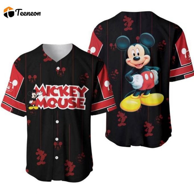 Mickey Mouse Black Red Stripes Patterns Walt Disney Unisex Cartoon Casual Outfits Custom Baseball Jersey 1