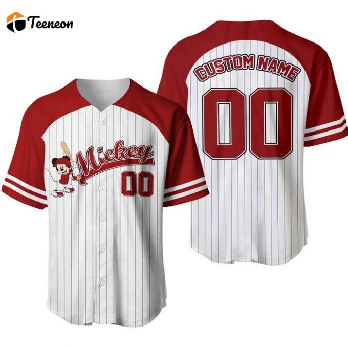 Mickey Mouse Custom Striped White Red Disney Unisex Cartoon Graphic Casual Outfits Custom Baseball Jersey 1