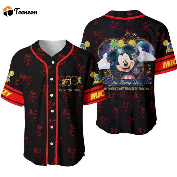 Mickey Mouse Red Disney 50Th Anniversary Pattern Unisex Cartoon Graphic Casual Outfit Custom Baseball Jersey 1