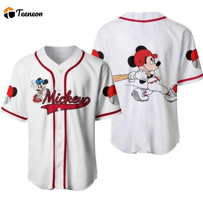 Mickey Mouse White Red Disney Unisex Cartoon Graphic Casual Outfits Custom Baseball Jersey 1