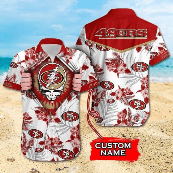 Nfl San Francisco 49Ers Custom Name Red Tropical Flower Skull Hawaiian Shirt Men &Amp;Amp; Women Aloha Shirt 1