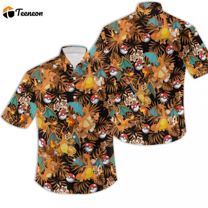 Pokemon Charmander Hawaiian Pattern Hawaii Shirt, Aloha Anime Charizard Button Up Shirt, Gifts For Pkm Ball Fans 1