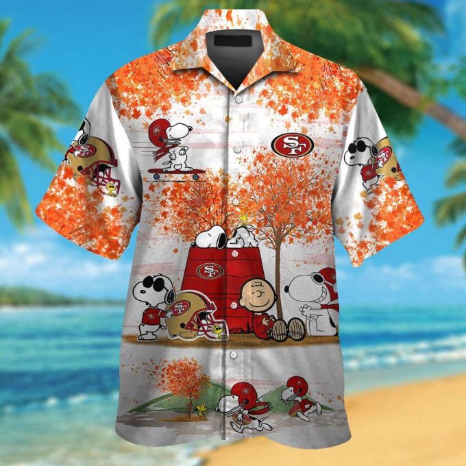 San Francisco 49Ers Snoopy Autumn Short Sleeve Button Up Tropical Aloha Hawaiian Shirt Set For Men Women Kids 2