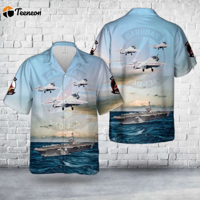 Us Navy Ea-6B Prowler Of Electronic Attack Squadron 134 (Vaq-134) And Uss George H. W. Bush (Cvn 77) Hawaiian Shirt Gift For Dad Father Days 1