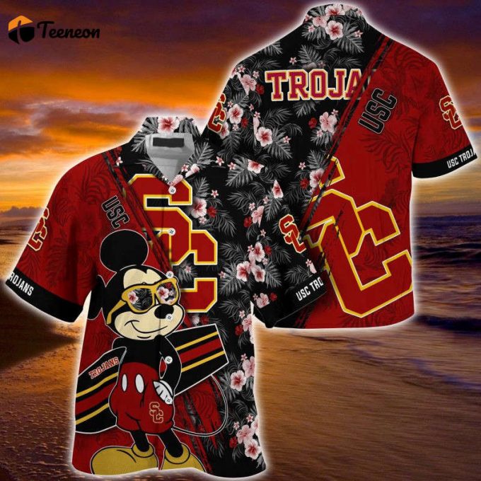 Usc Trojans Ncaa Summer Hawaiian Shirt Mickey And Floral Pattern 1