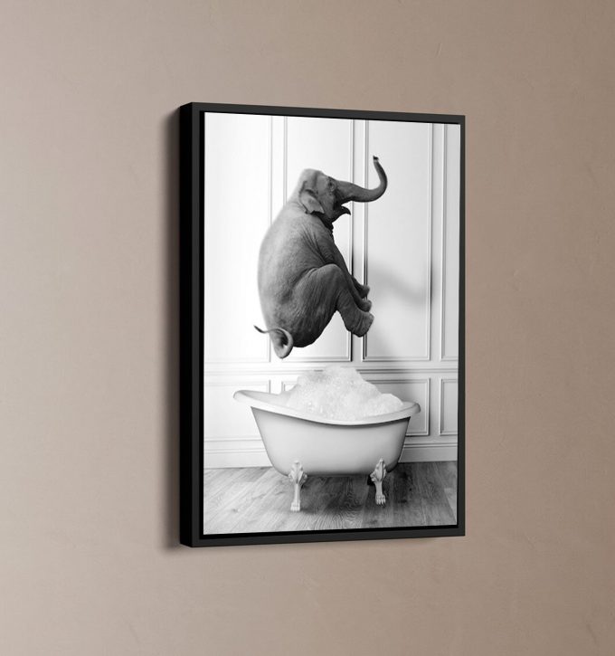 Happy Elephant In Tub Poster For Home Decor, Funny Bathroom Poster For Home Decor, Black And White Poster For Home Decor 1